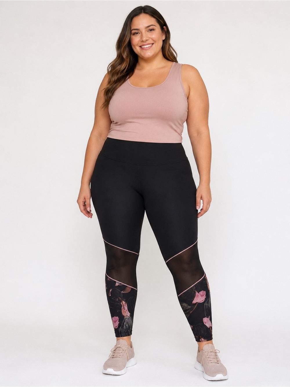 RBX Black Leggings with Pink Floral & Mesh Panels